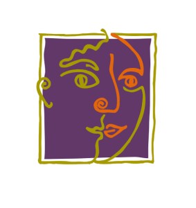 Abstract face logo: purple background, yellow border, orange and green line drawing